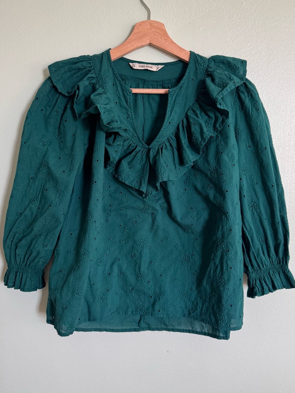 Zara Teal Eyelet Ruffle V-Neck Blouse